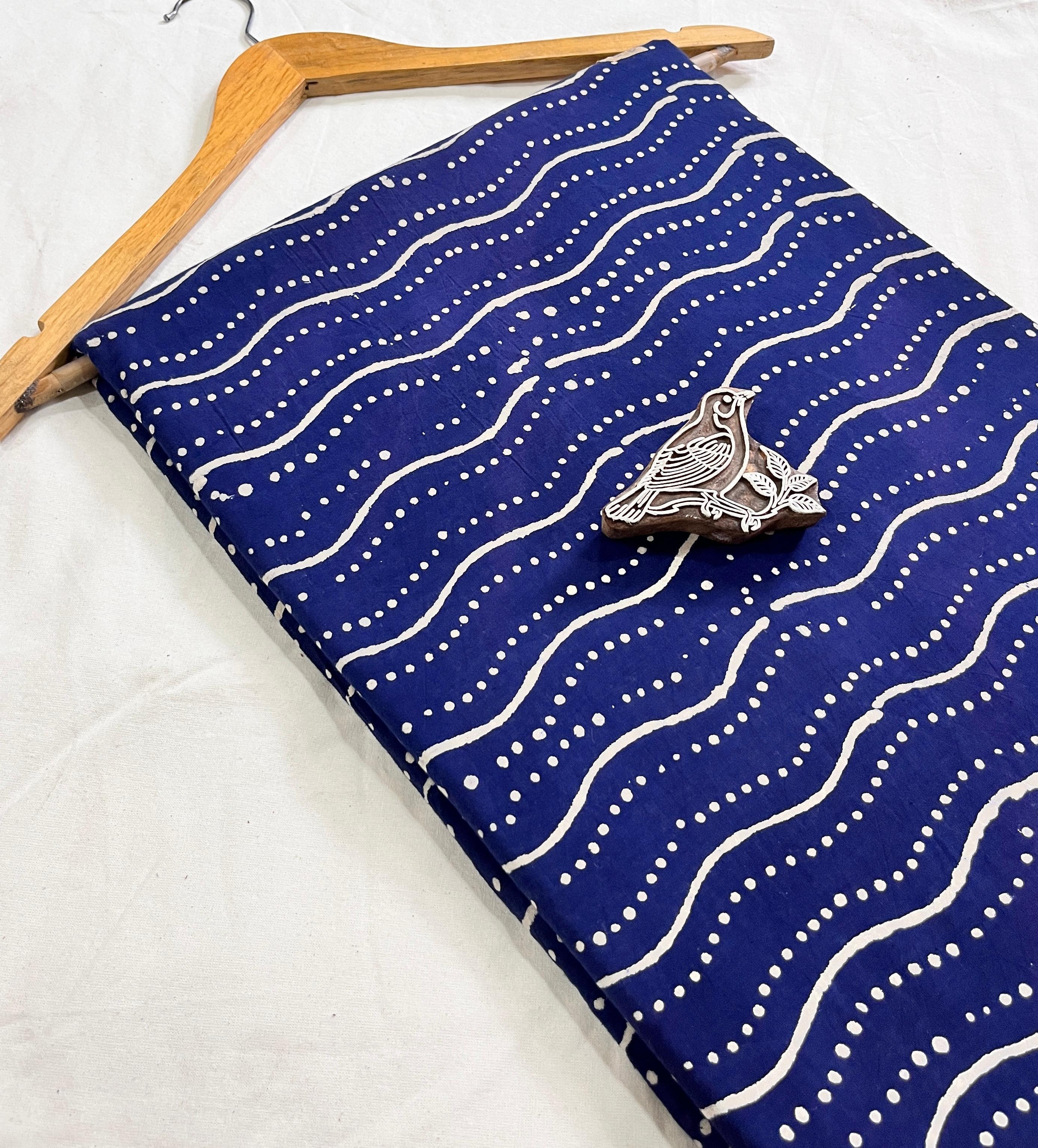 Rich indigo natural-dyed Dabu handblock pure cotton fabric, authentic Rajasthan craft supplied wholesale by Fabtex.